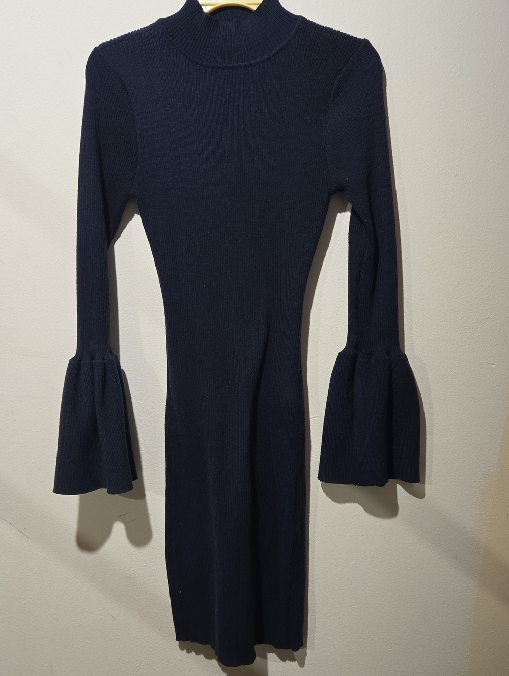 VENUS Navy Ribbed Mock Neck Long Sleeve Dress with Flared Cuffs